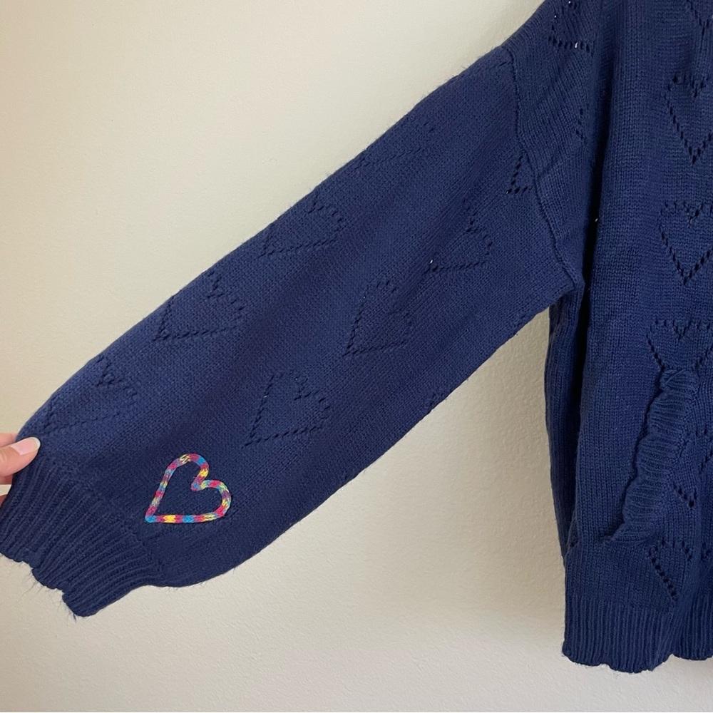 &Merci Navy Heart Knit V-Neck Hoodie Sweater Size M - Picture 4 of 8